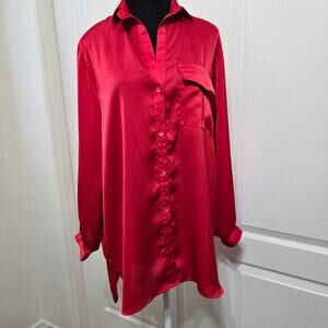 Liz Claiborne Women's Red Long Cuffed Sleeve Button Up High Low Hem Size 8